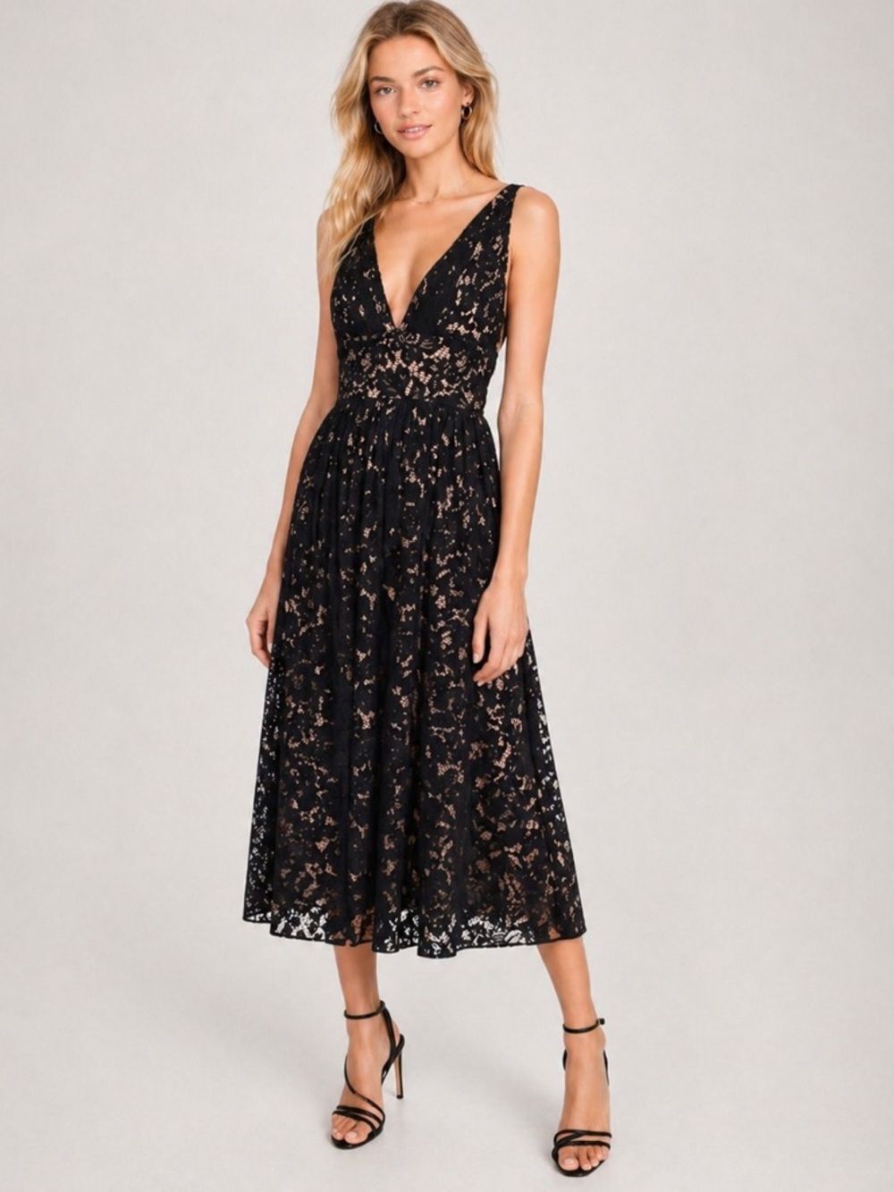 FAME and‎ PARTNERS Black Lace Midi Dress Womens US 6 Deep V Sleeveless Formal